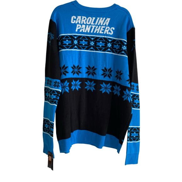 NWT NFL Carolina Panthers Blue Black Argyle Logo Ugly Christmas Sweater Size 2XL - Picture 2 of 16